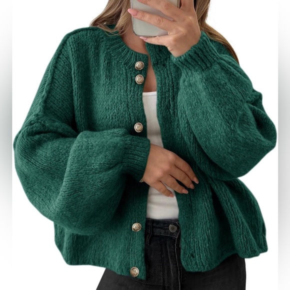 None Sweaters - 🆕Button Up Long Lantern Sleeve Chunky Knit Casual Soft Sweater